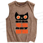 Unisex Japanese Funny Cat Printed Washed Tank Top
