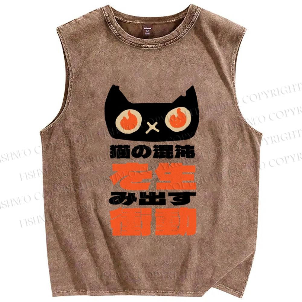 Unisex Japanese Funny Cat Printed Washed Tank Top