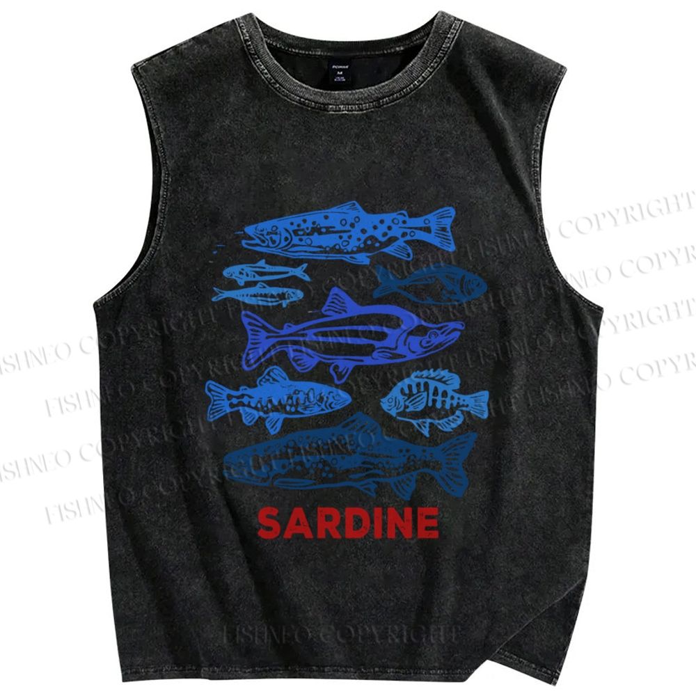 Unisex Vintage Sardine Fish Printed Washed Tank Top
