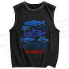 Unisex Vintage Sardine Fish Printed Washed Tank Top