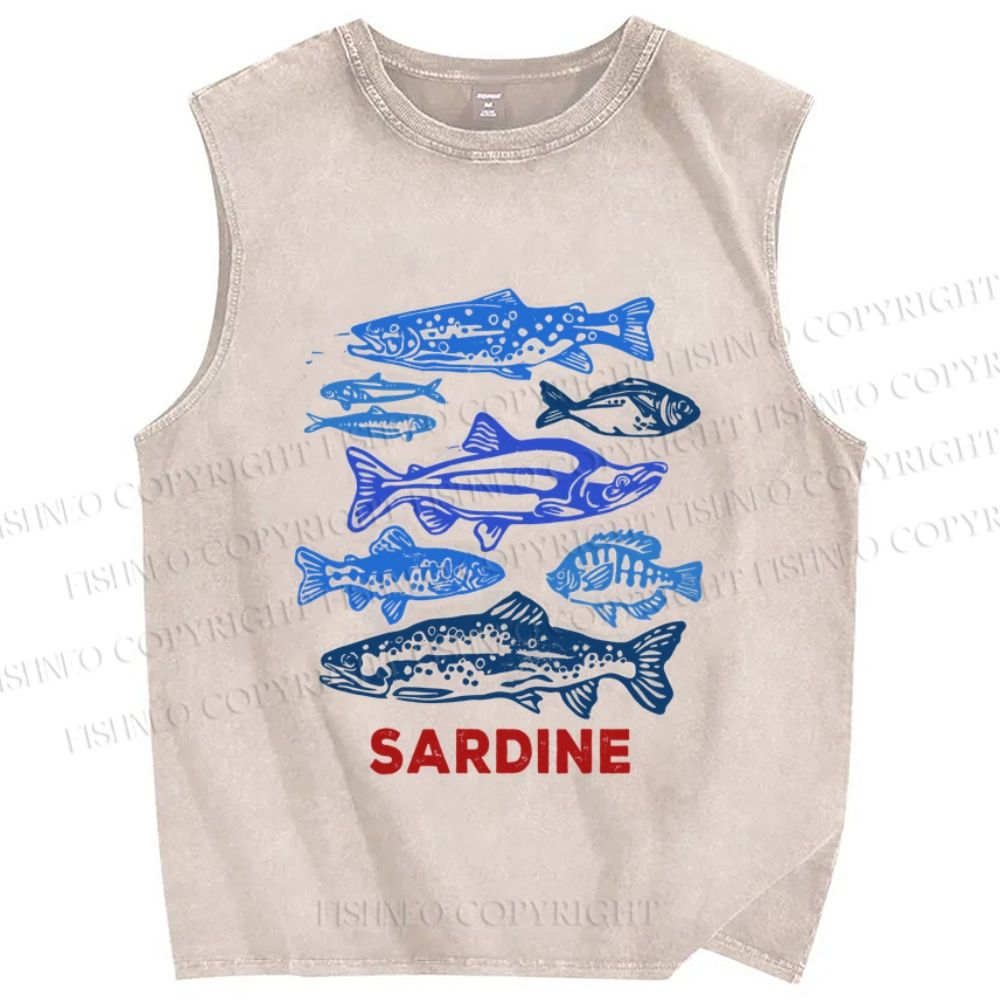 Unisex Vintage Sardine Fish Printed Washed Tank Top