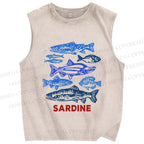 Unisex Vintage Sardine Fish Printed Washed Tank Top
