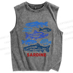 Unisex Vintage Sardine Fish Printed Washed Tank Top