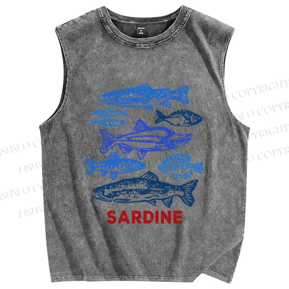 Unisex Vintage Sardine Fish Printed Washed Tank Top