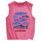 Unisex Vintage Sardine Fish Printed Washed Tank Top