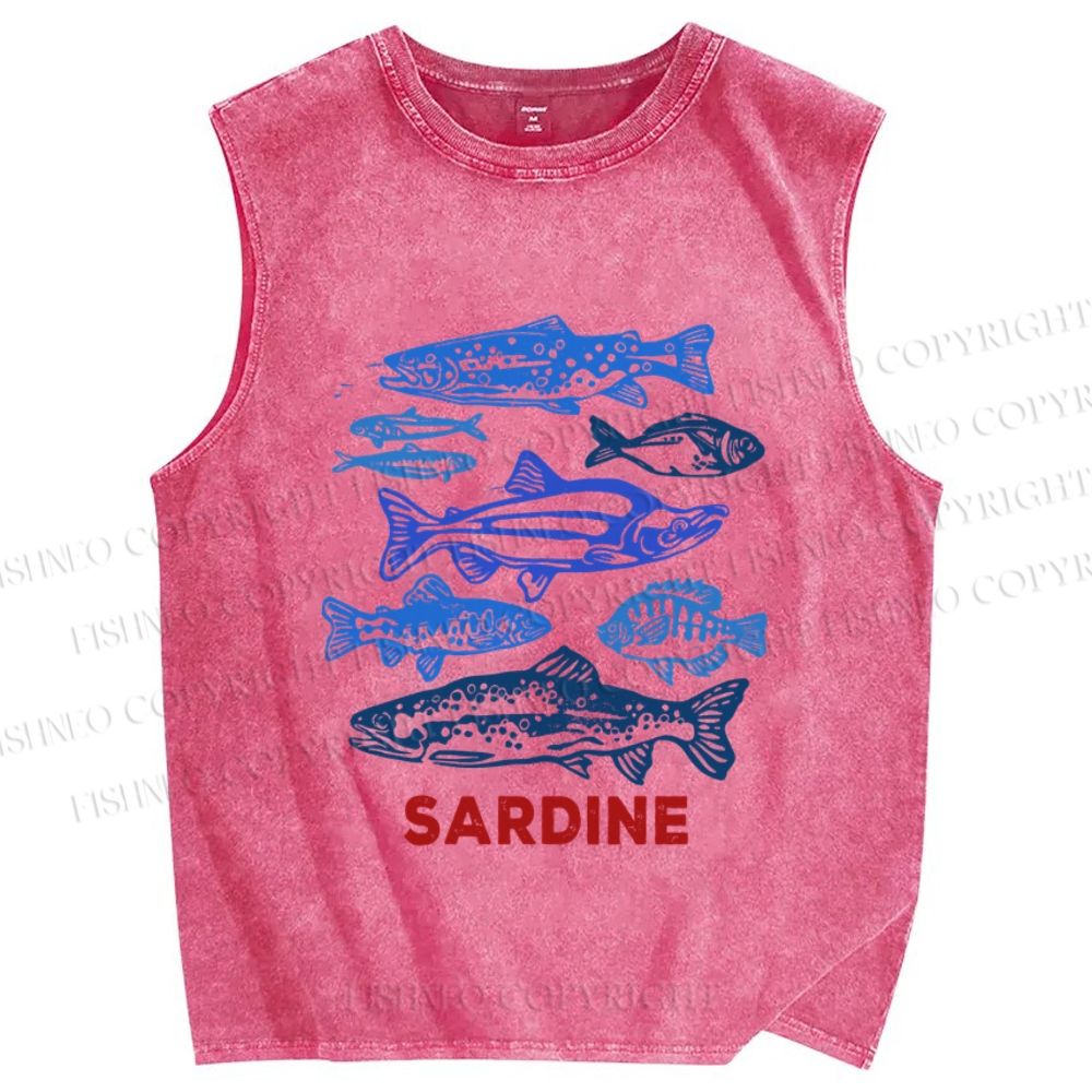 Unisex Vintage Sardine Fish Printed Washed Tank Top