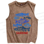 Unisex Vintage Sardine Fish Printed Washed Tank Top