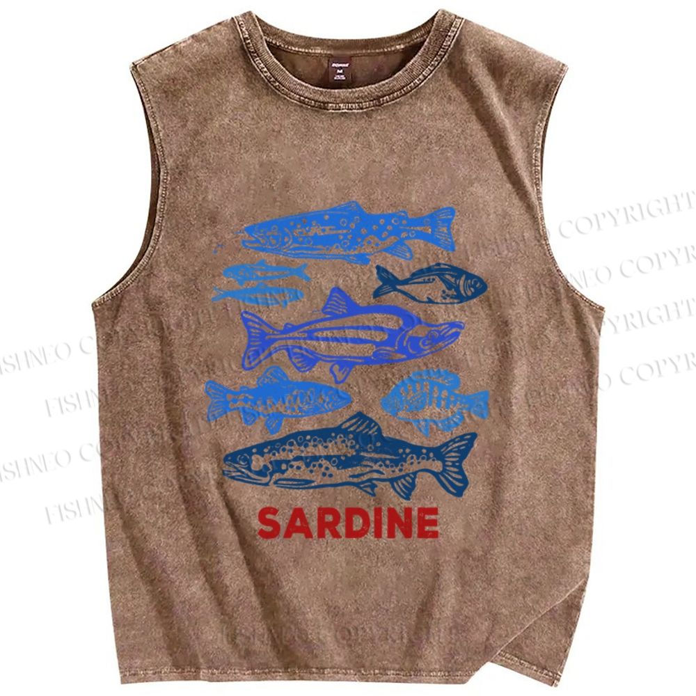 Unisex Vintage Sardine Fish Printed Washed Tank Top