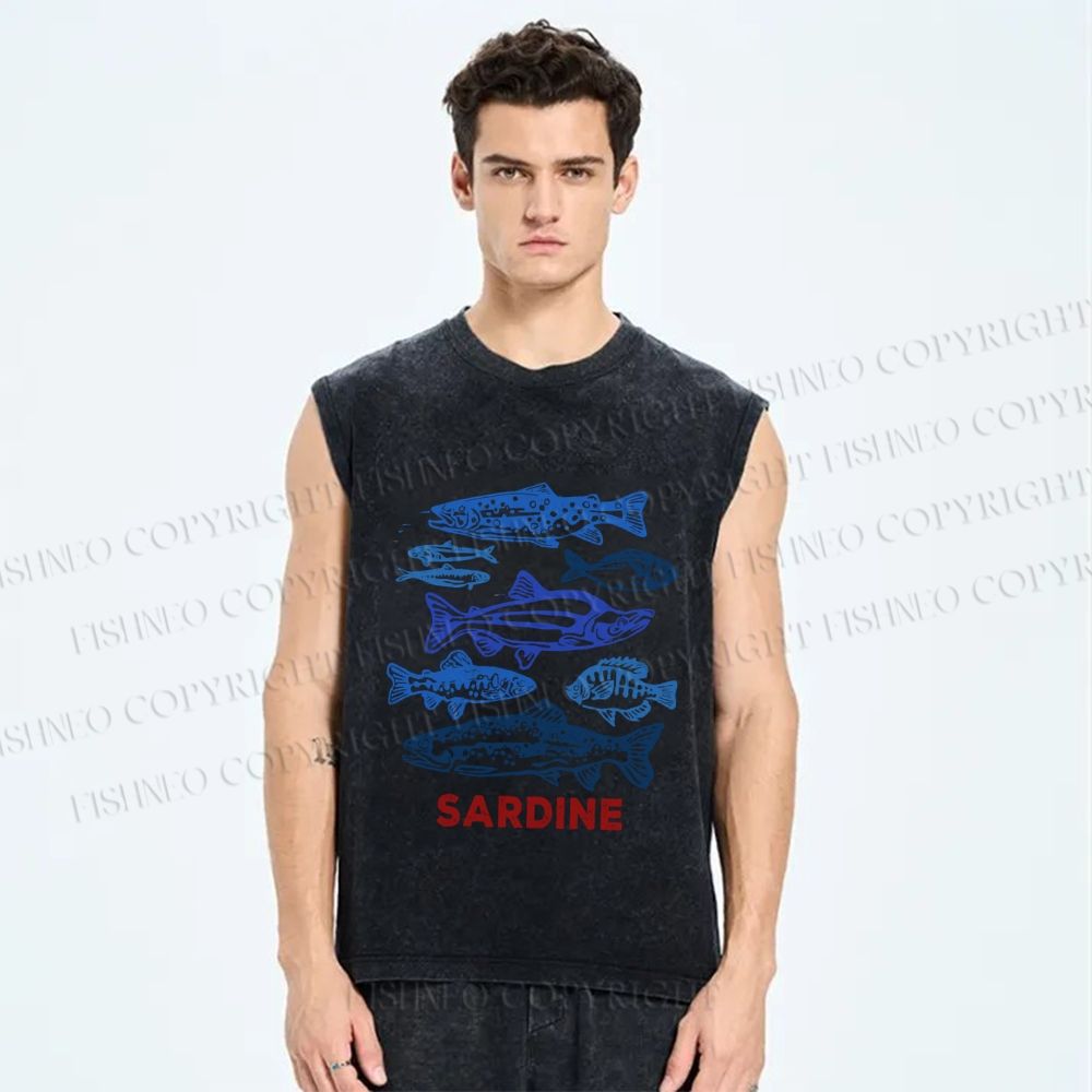 Unisex Vintage Sardine Fish Printed Washed Tank Top