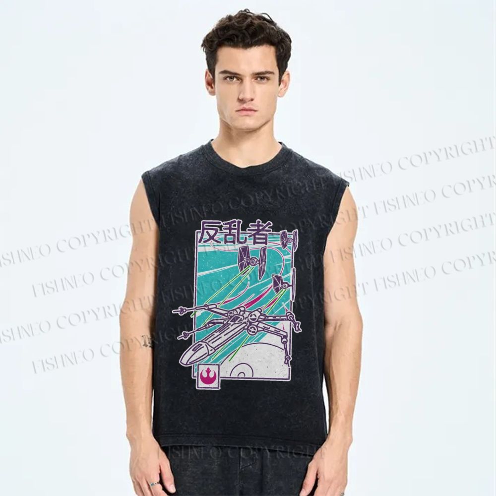 Unisex Vintage Space Graffiti Printed Washed Tank Top
