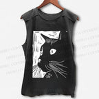 Unisex Vintage Cat Graffiti Printed Washed Tank Top