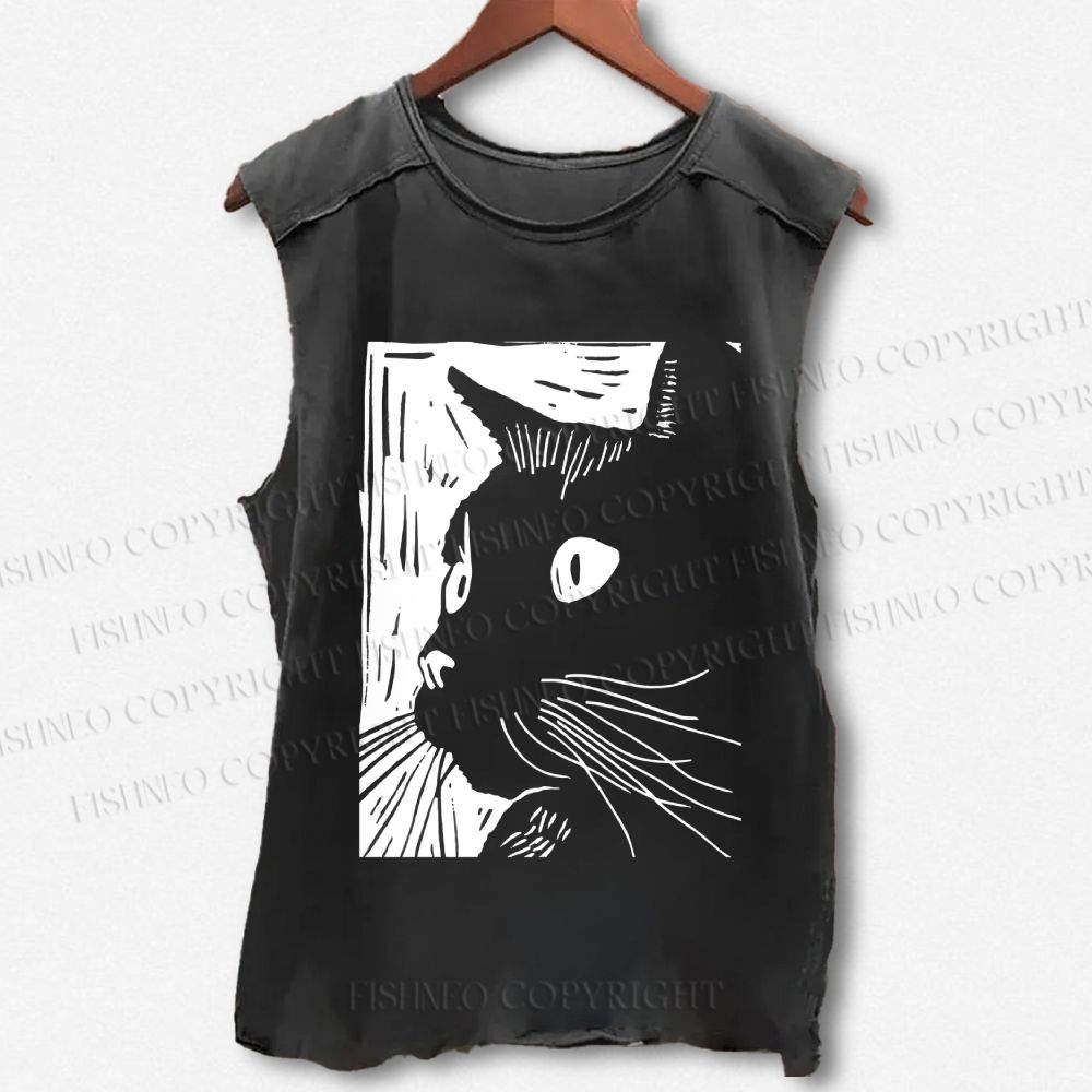 Unisex Vintage Cat Graffiti Printed Washed Tank Top
