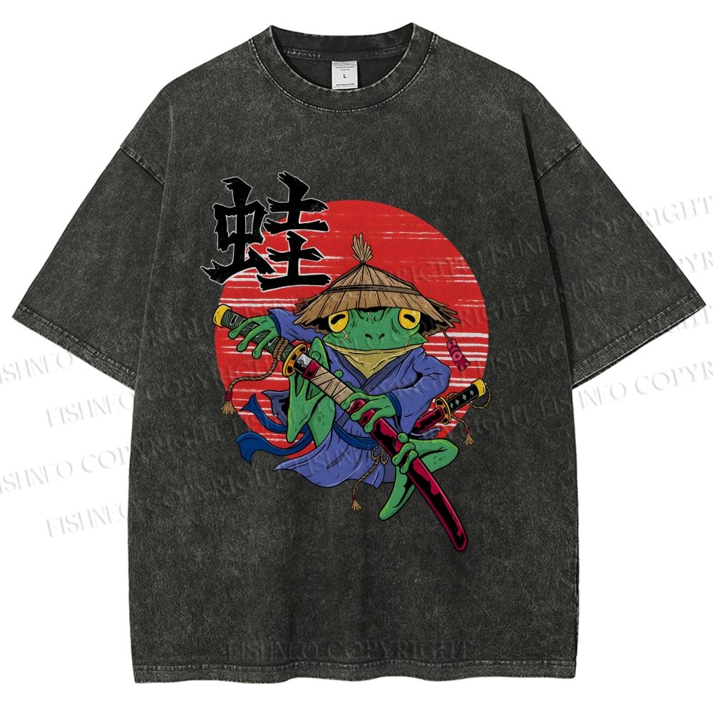 Unisex Samurai Frog Printed Washed Tee