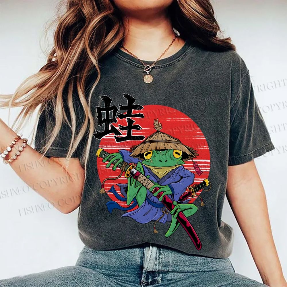 Unisex Samurai Frog Printed Washed Tee