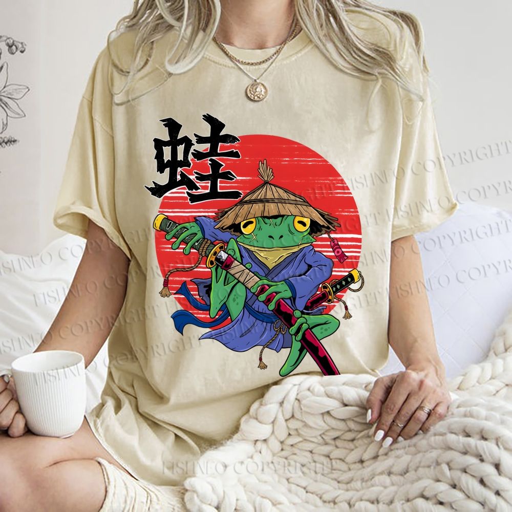 Unisex Samurai Frog Printed Washed Tee