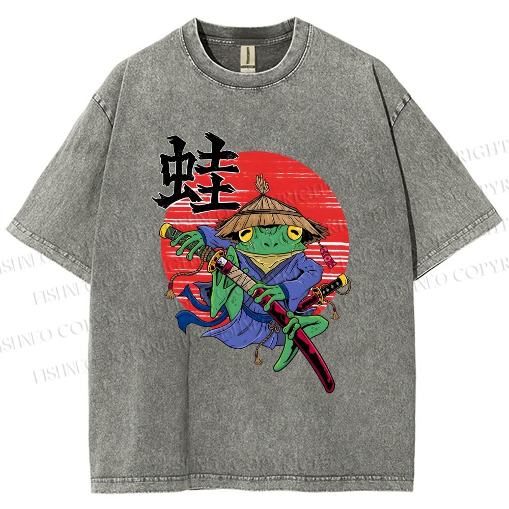 Unisex Samurai Frog Printed Washed Tee