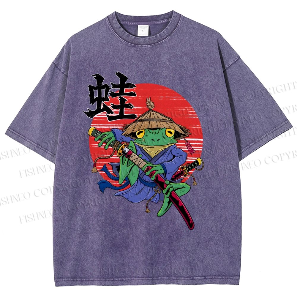 Unisex Samurai Frog Printed Washed Tee