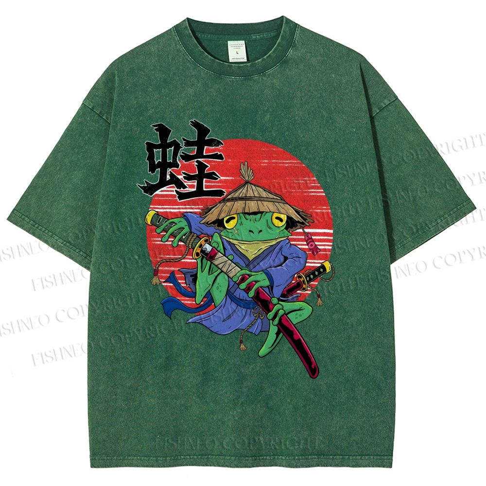 Unisex Samurai Frog Printed Washed Tee