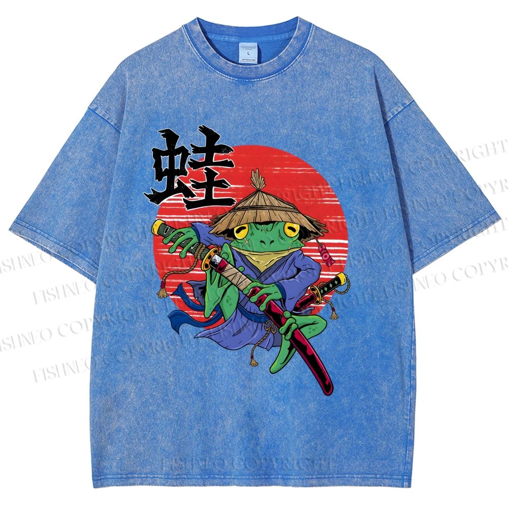 Unisex Samurai Frog Printed Washed Tee