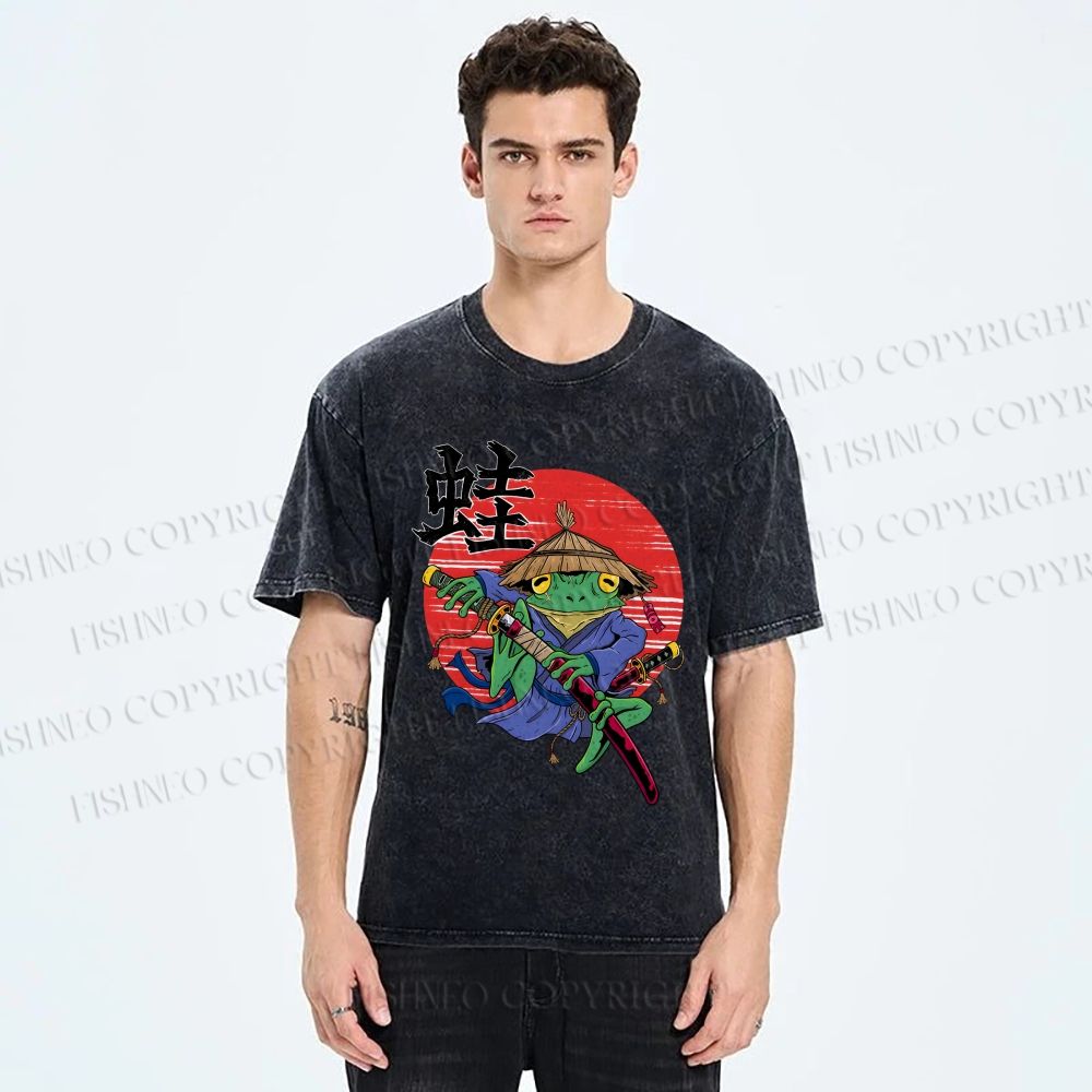 Unisex Samurai Frog Printed Washed Tee