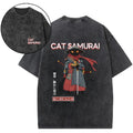 Cat Samurai Vintage Wash Japanese Design Back Art T-Shirt