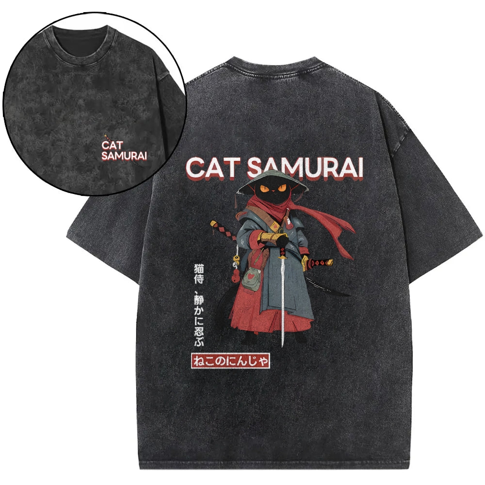 Cat Samurai Vintage Wash Japanese Design Back Art T-Shirt