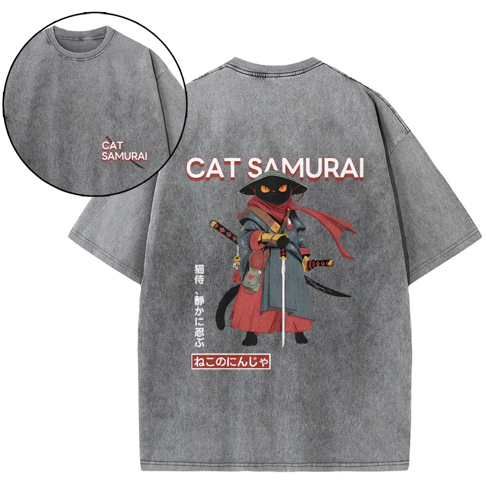 Cat Samurai Vintage Wash Japanese Design Back Art T-Shirt