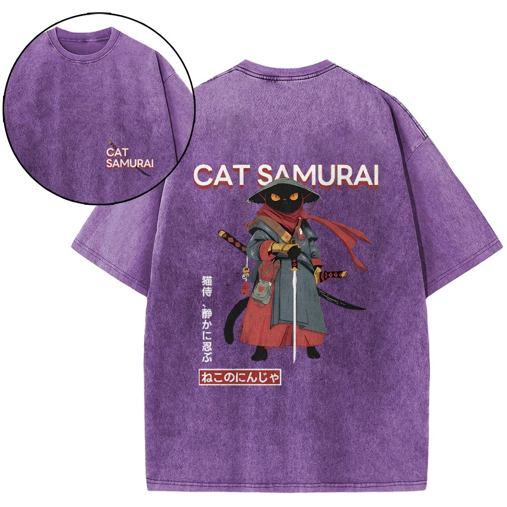 Cat Samurai Vintage Wash Japanese Design Back Art T-Shirt