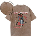 Cat Samurai Vintage Wash Japanese Design Back Art T-Shirt