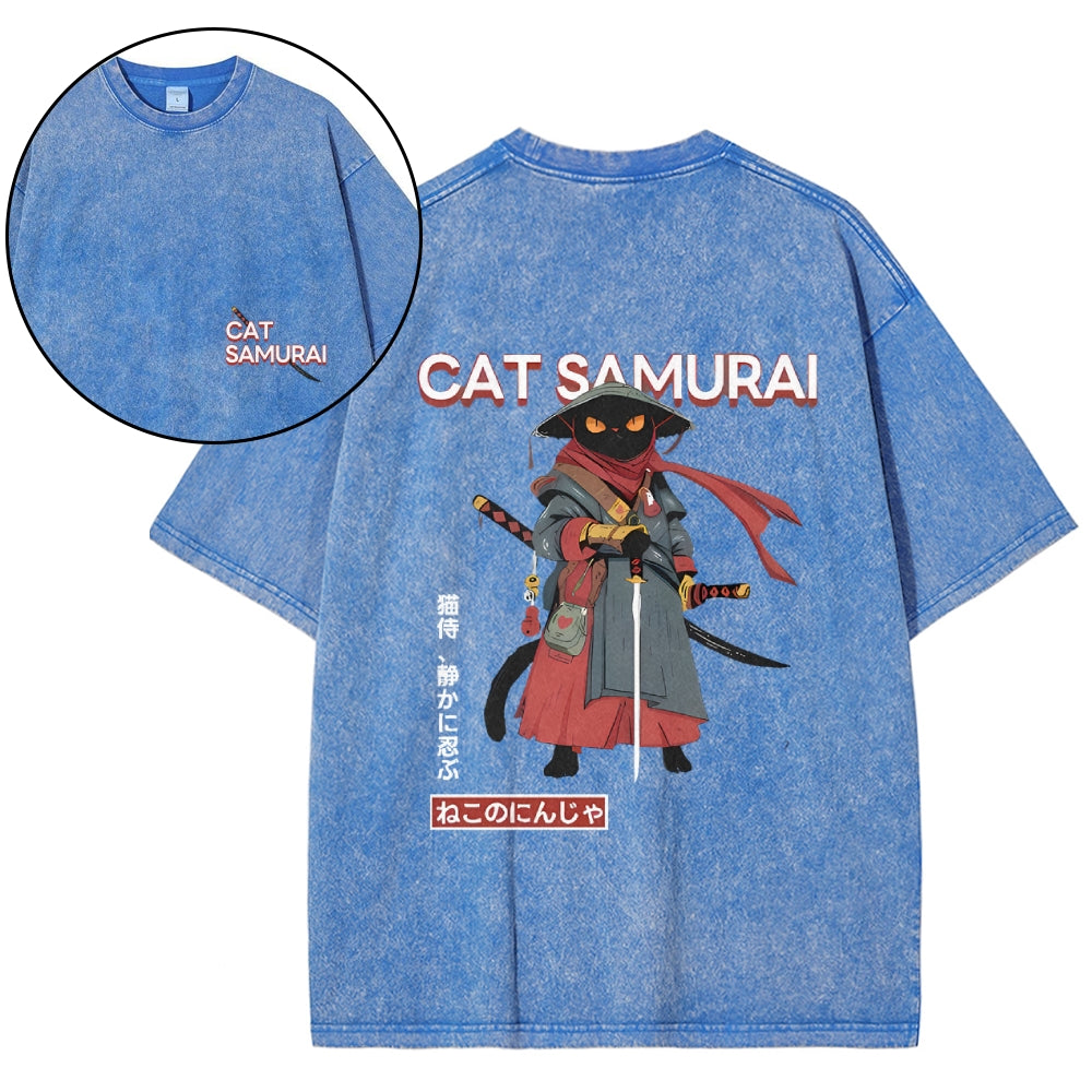 Cat Samurai Vintage Wash Japanese Design Back Art T-Shirt