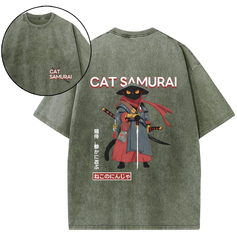 Cat Samurai Vintage Wash Japanese Design Back Art T-Shirt