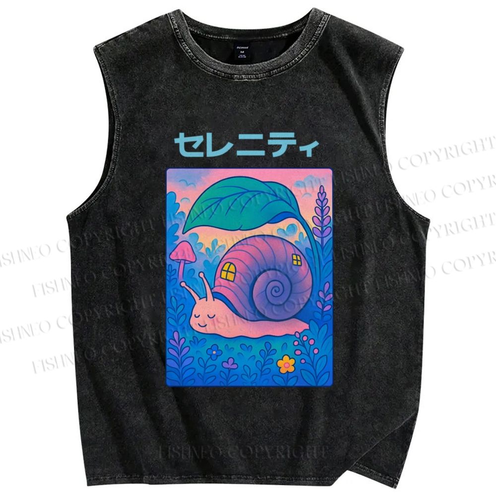 Unisex Cartoon Snail Printed Washed Tank Top