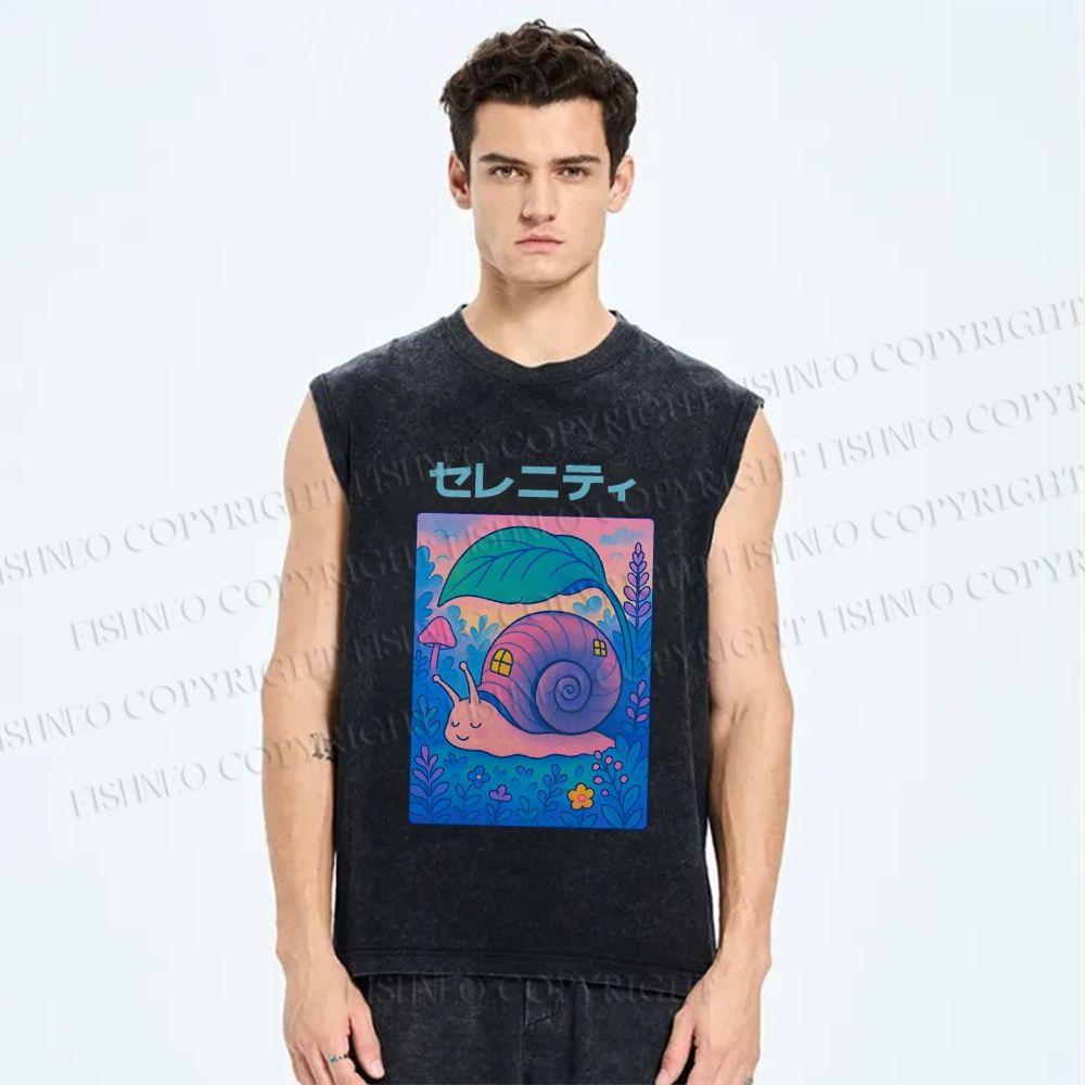 Unisex Cartoon Snail Printed Washed Tank Top