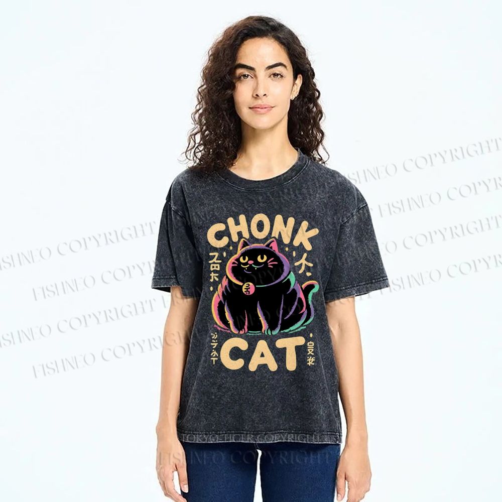 Unisex Chonk Cat Printed Washed Tee