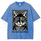 Unisex Cool Cats Read Books Printed Washed Tee