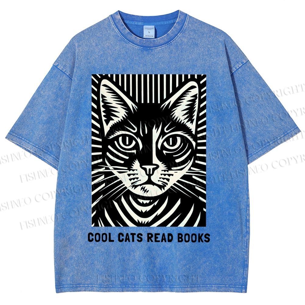Unisex Cool Cats Read Books Printed Washed Tee