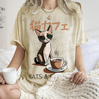Unisex Cat Coffee Printed Washed Tee