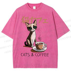 Unisex Cat Coffee Printed Washed Tee