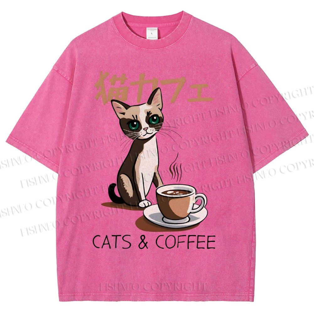 Unisex Cat Coffee Printed Washed Tee