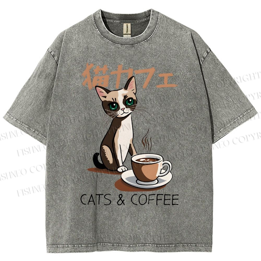 Unisex Cat Coffee Printed Washed Tee