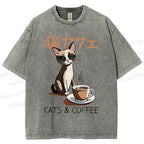 Unisex Cat Coffee Printed Washed Tee