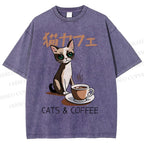 Unisex Cat Coffee Printed Washed Tee