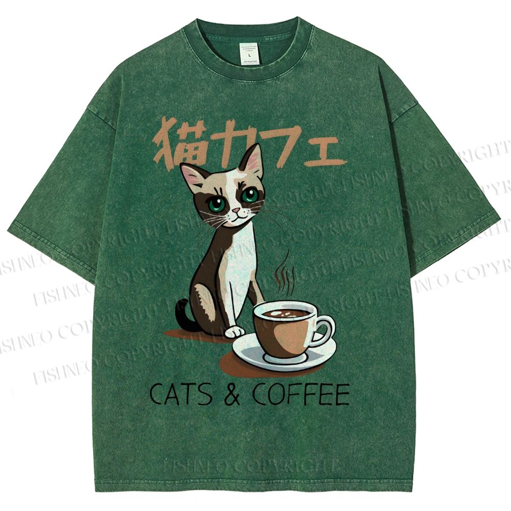 Unisex Cat Coffee Printed Washed Tee