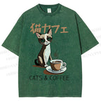 Unisex Cat Coffee Printed Washed Tee