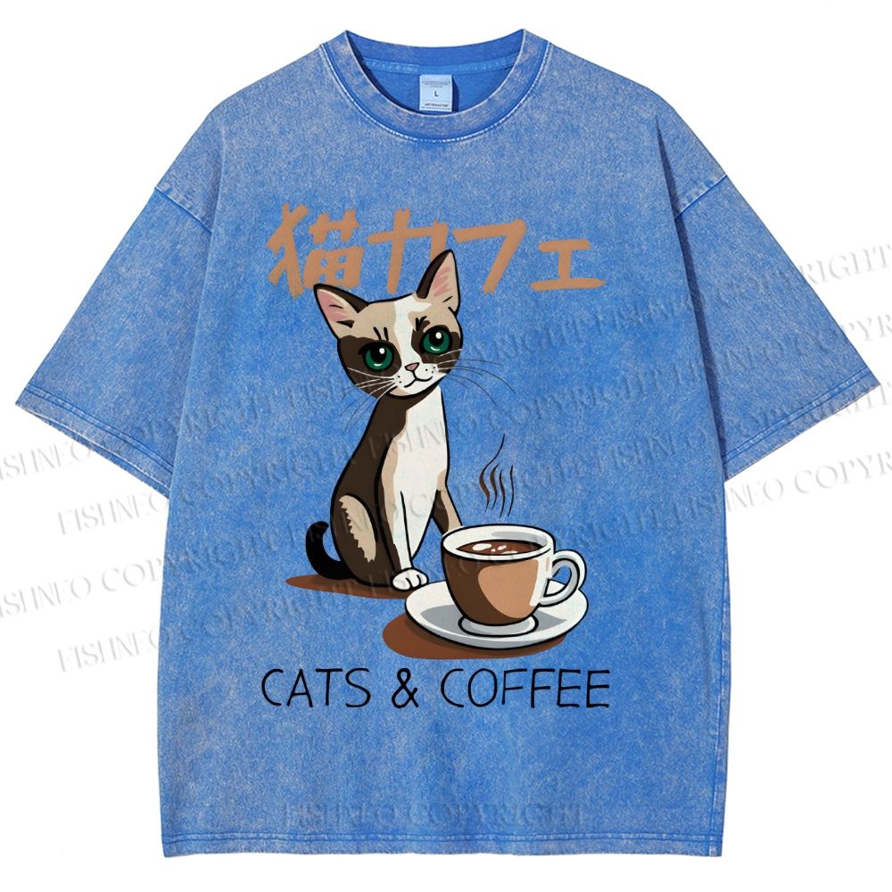Unisex Cat Coffee Printed Washed Tee