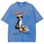 Unisex Cat Coffee Printed Washed Tee