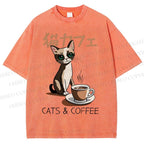Unisex Cat Coffee Printed Washed Tee