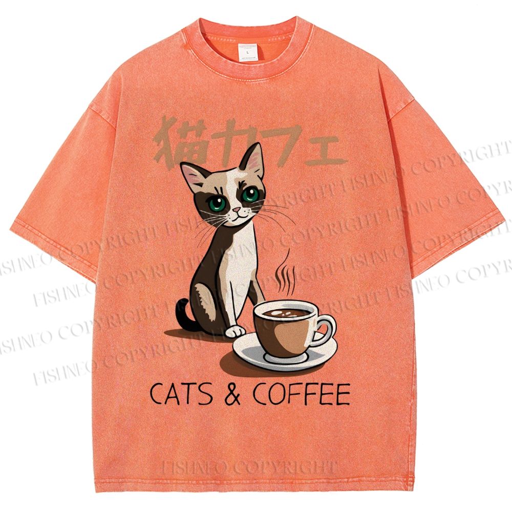 Unisex Cat Coffee Printed Washed Tee