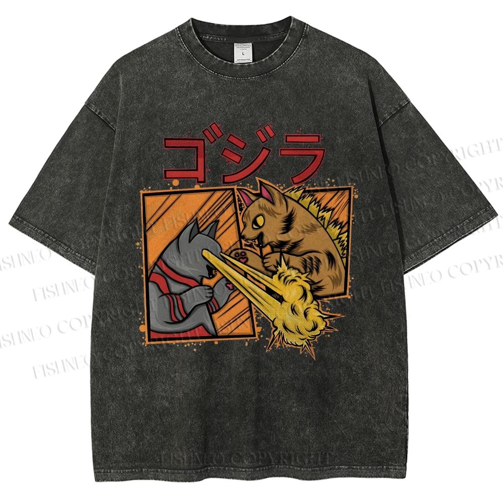 Unisex Angry Cat Printed Washed Tee