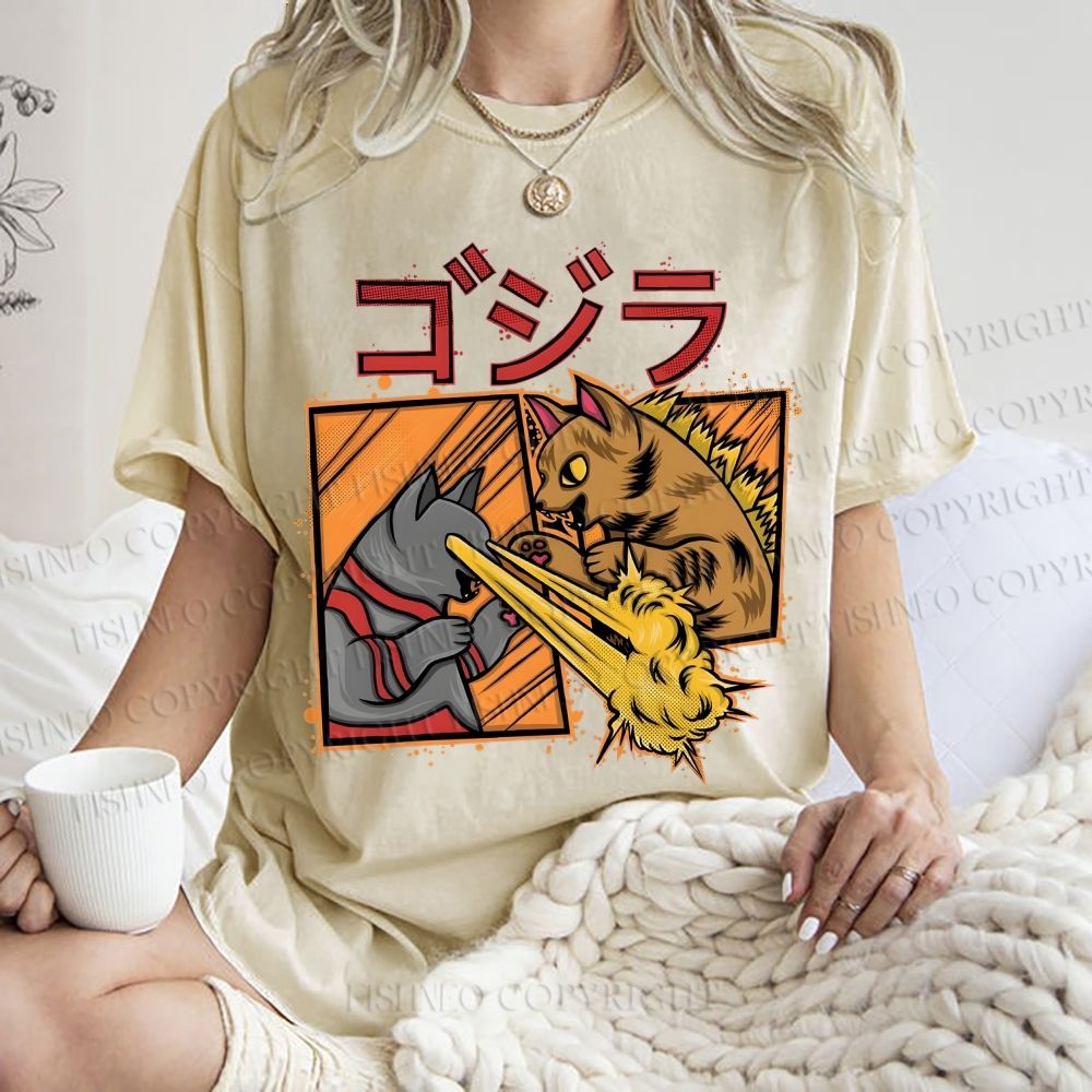 Unisex Angry Cat Printed Washed Tee